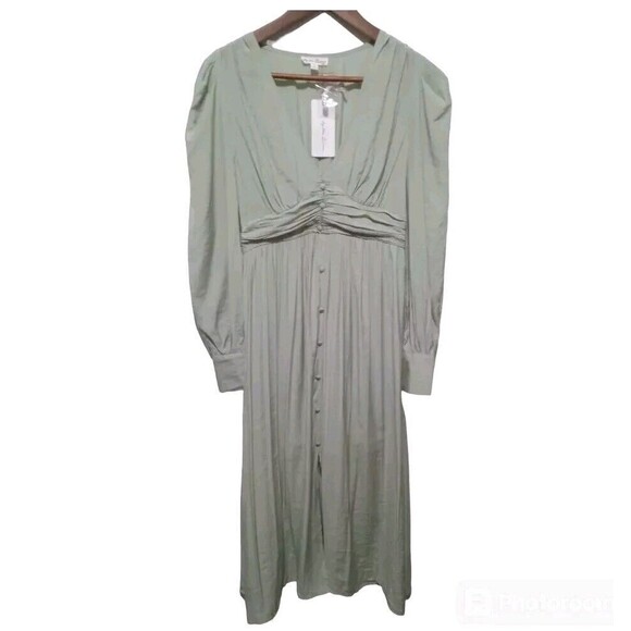 By The River Muted Mint Green Silver Accent LongSleeve Midi Dress Peasant Boho M - Picture 2 of 16